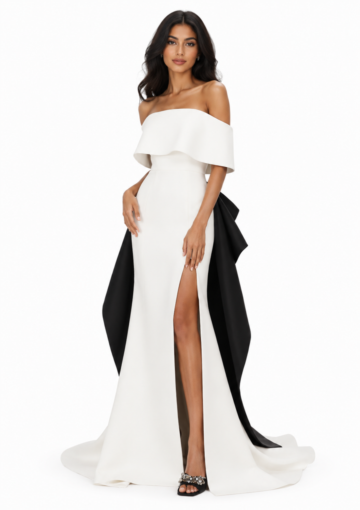 off-shoulder gown with bow back detail – Meely