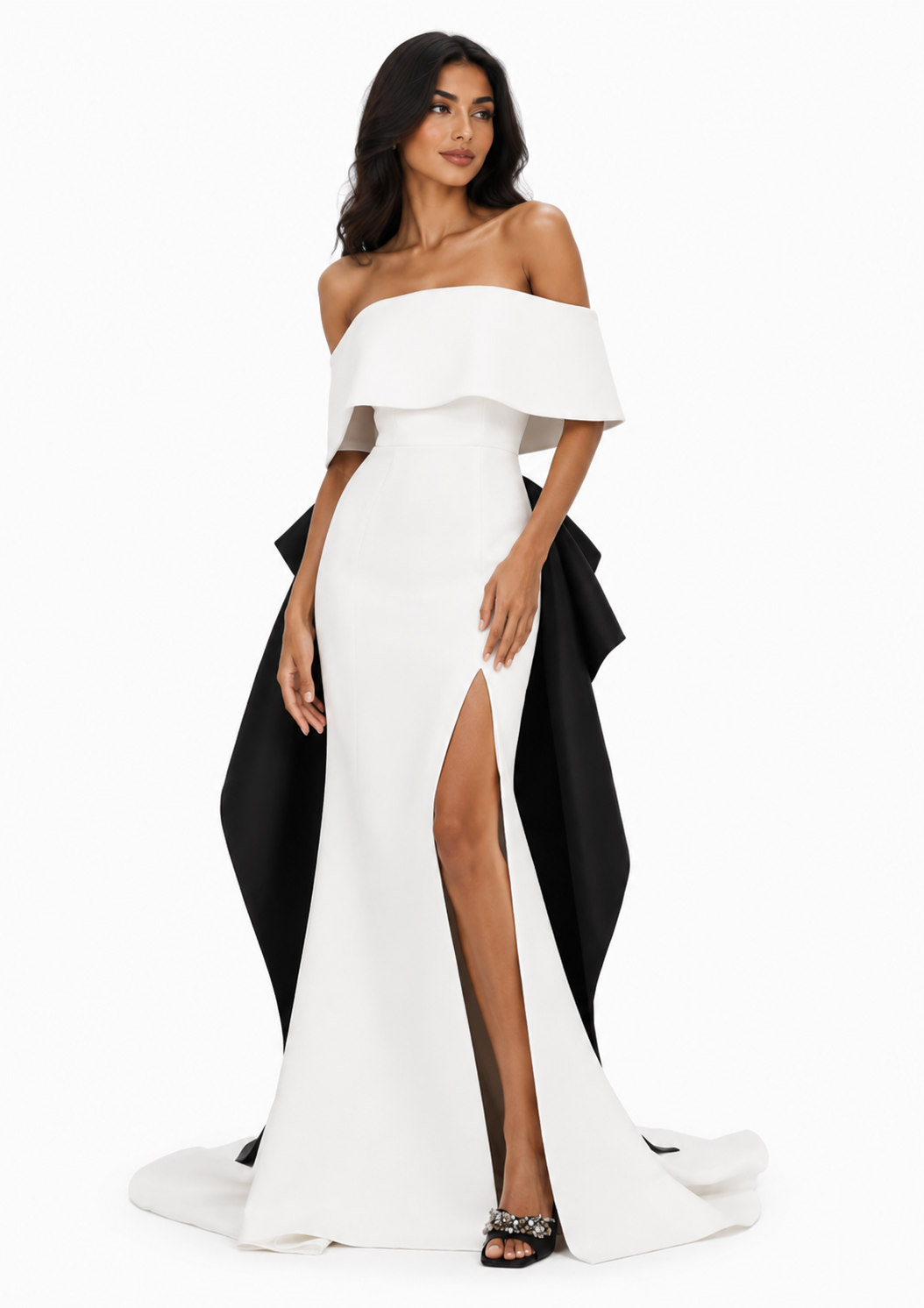 off-shoulder gown with bow back detail – Meely