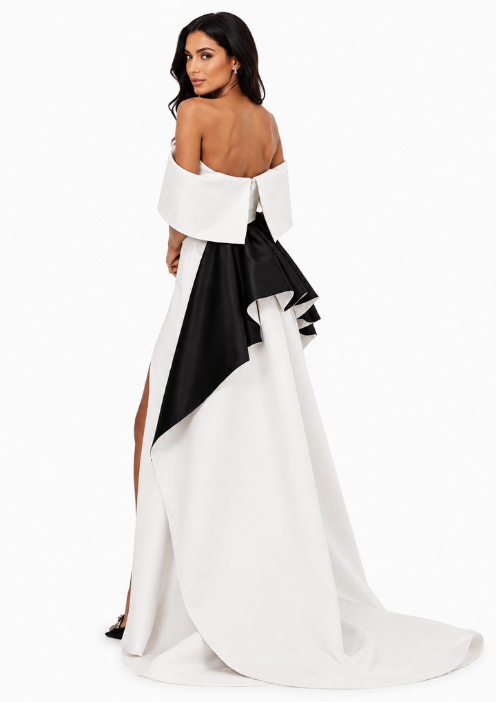 off-shoulder gown with bow back detail – Meely