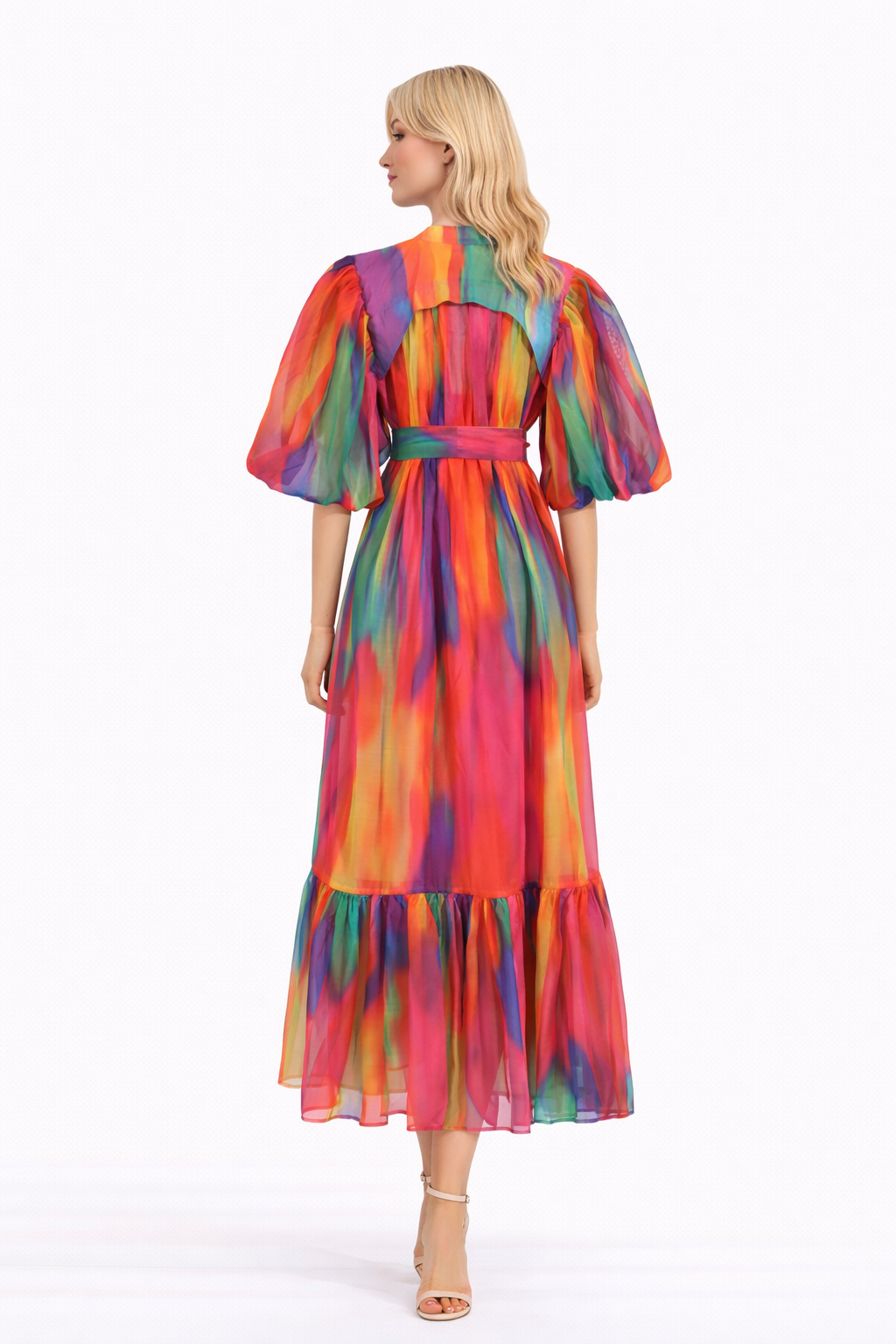 rainbow chiffon puff sleeve belted midi dress – PRISM