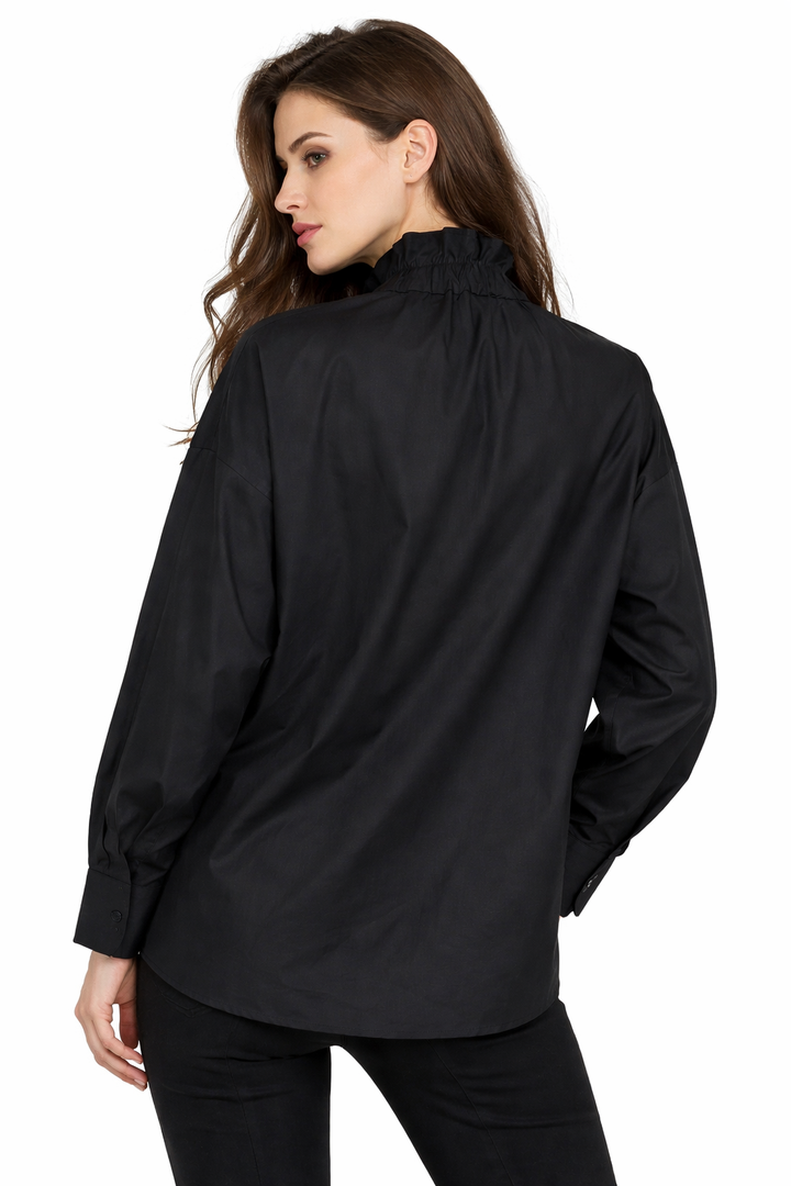 High-Neck Ruffled Blouse with Jewel Button – EMERALD