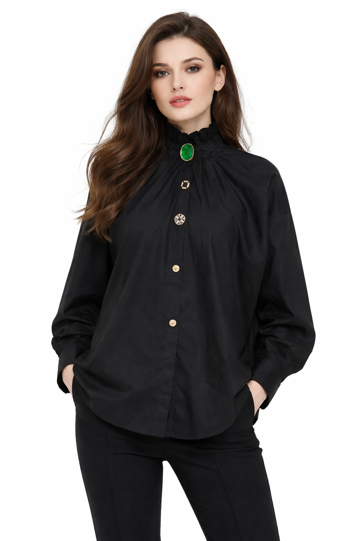 High-Neck Ruffled Blouse with Jewel Button – EMERALD