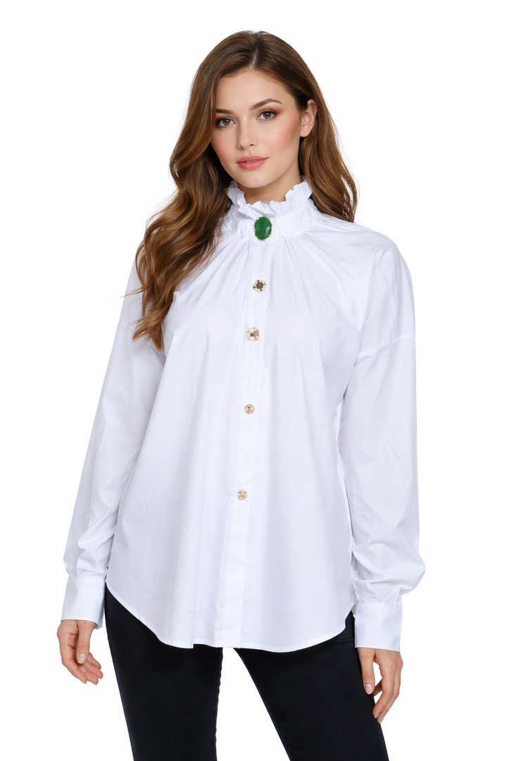 High-Neck Ruffled Blouse with Jewel Button – EMERALD