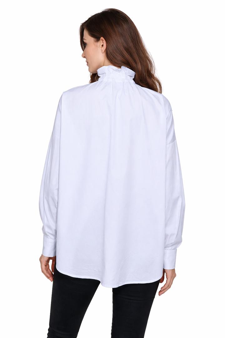High-Neck Ruffled Blouse with Jewel Button – EMERALD