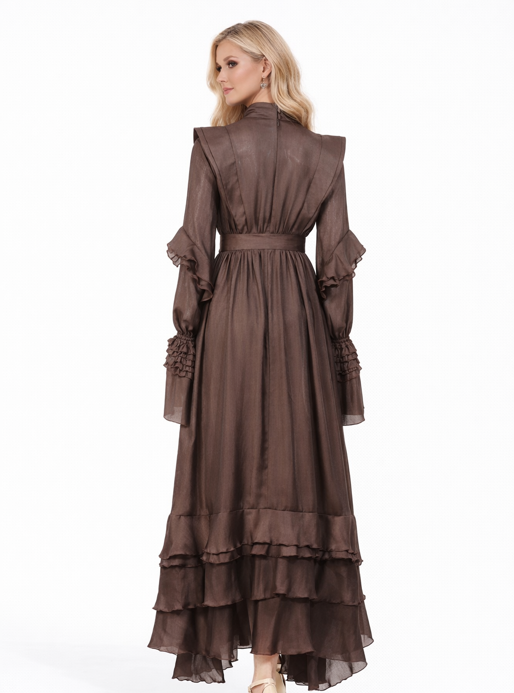 ruffle shoulder tie-waist high neck maxi dress – MOCHA