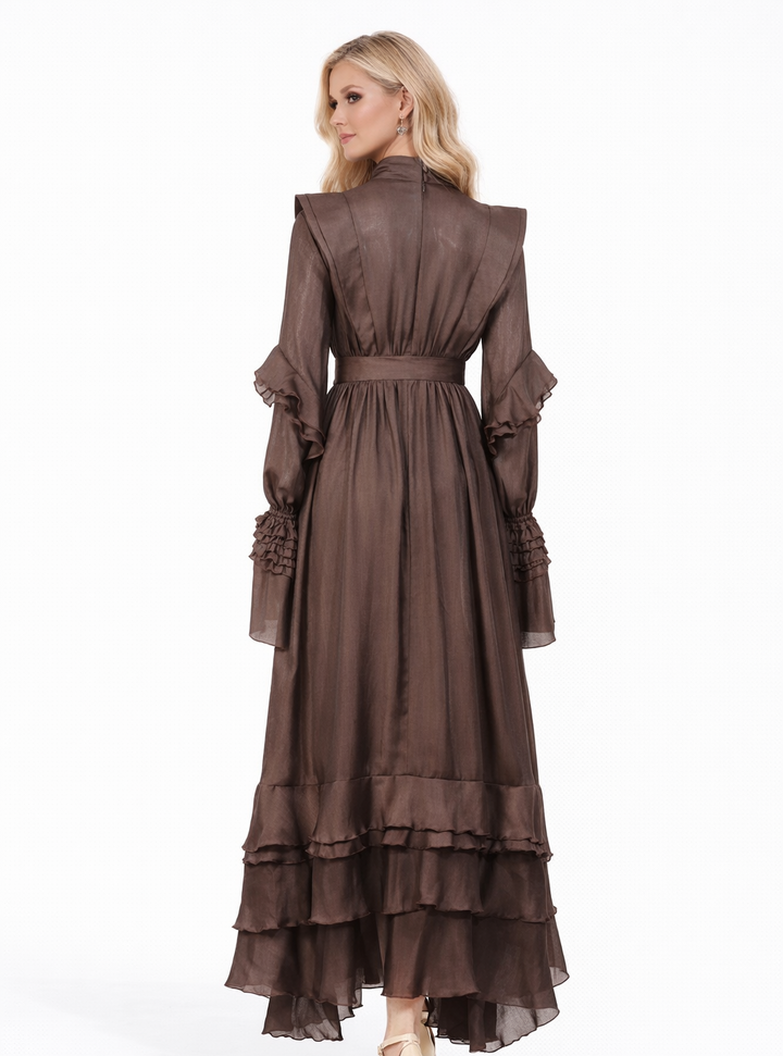 ruffle shoulder tie-waist high neck maxi dress – MOCHA