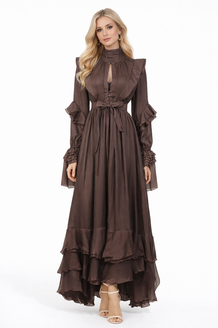 ruffle shoulder tie-waist high neck maxi dress – MOCHA