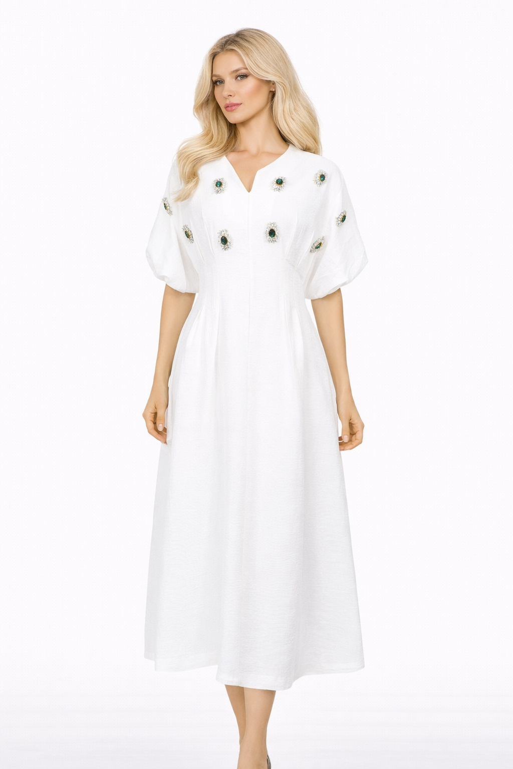 embellished puff sleeve A-line midi dress – ORBIT