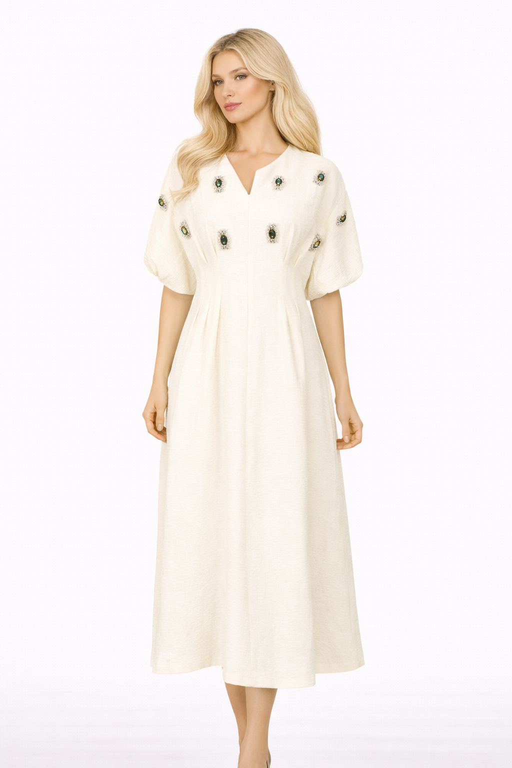 embellished puff sleeve A-line midi dress – ORBIT
