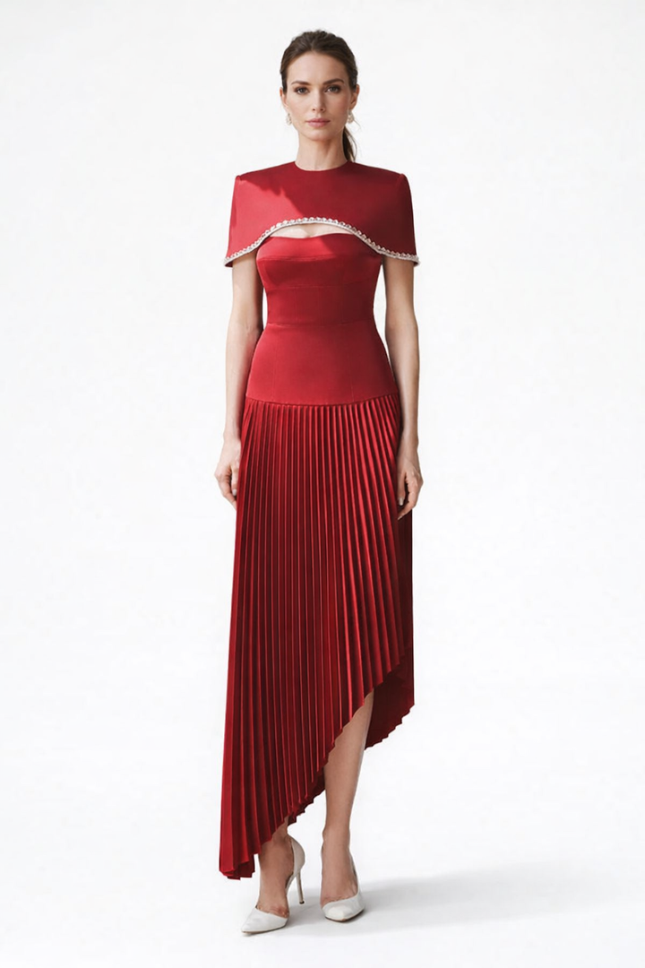 cape overlay pleated midi dress – ECLIPSE