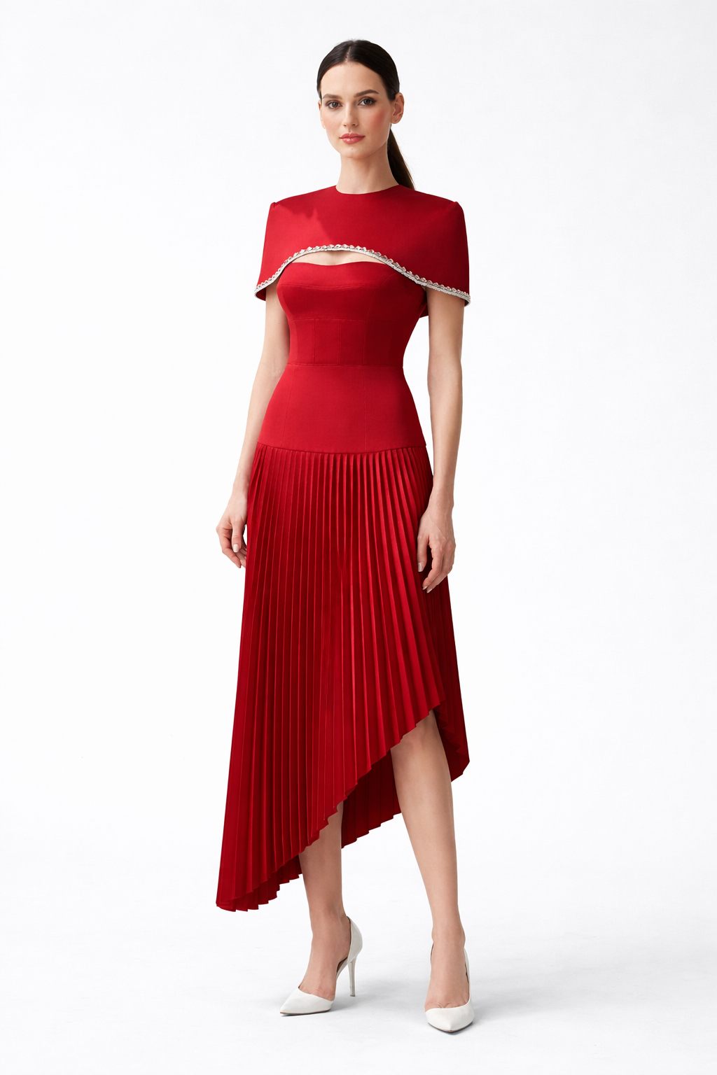 cape overlay pleated midi dress – ECLIPSE