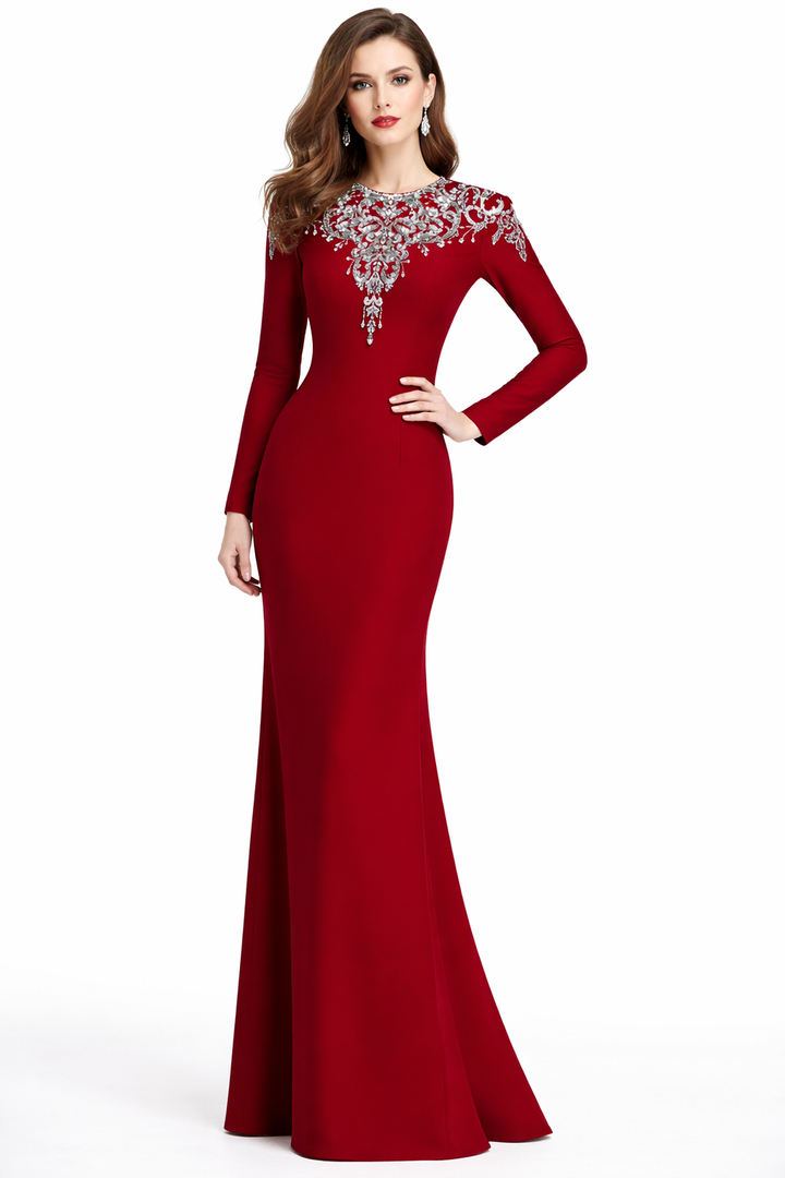 long-sleeve column gown with ornate crystal neckline – RANDO