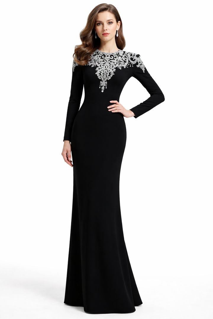 long-sleeve column gown with ornate crystal neckline – RANDO
