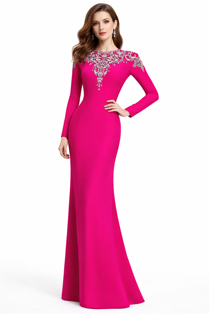 long-sleeve column gown with ornate crystal neckline – RANDO