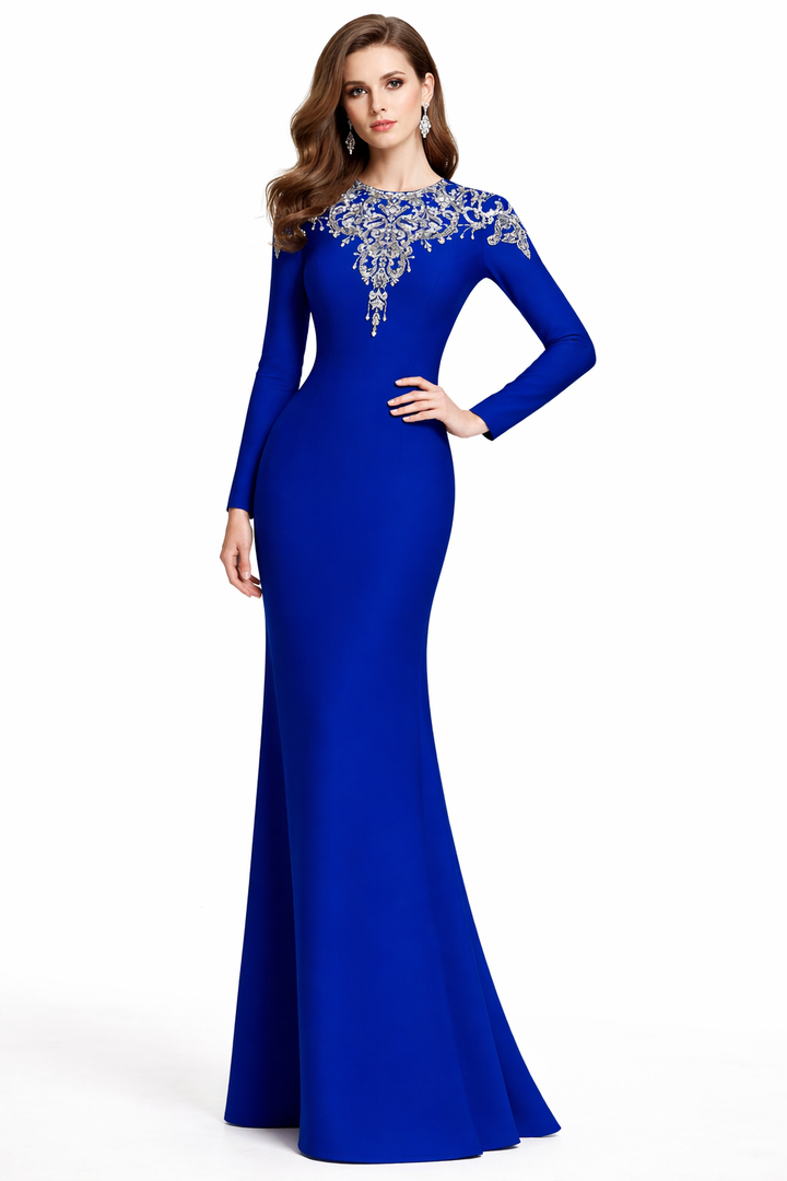 long-sleeve column gown with ornate crystal neckline – RANDO