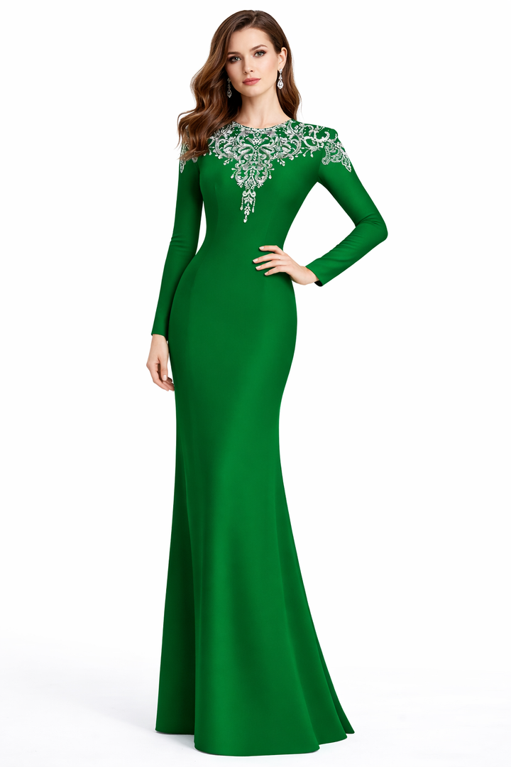 long-sleeve column gown with ornate crystal neckline – RANDO