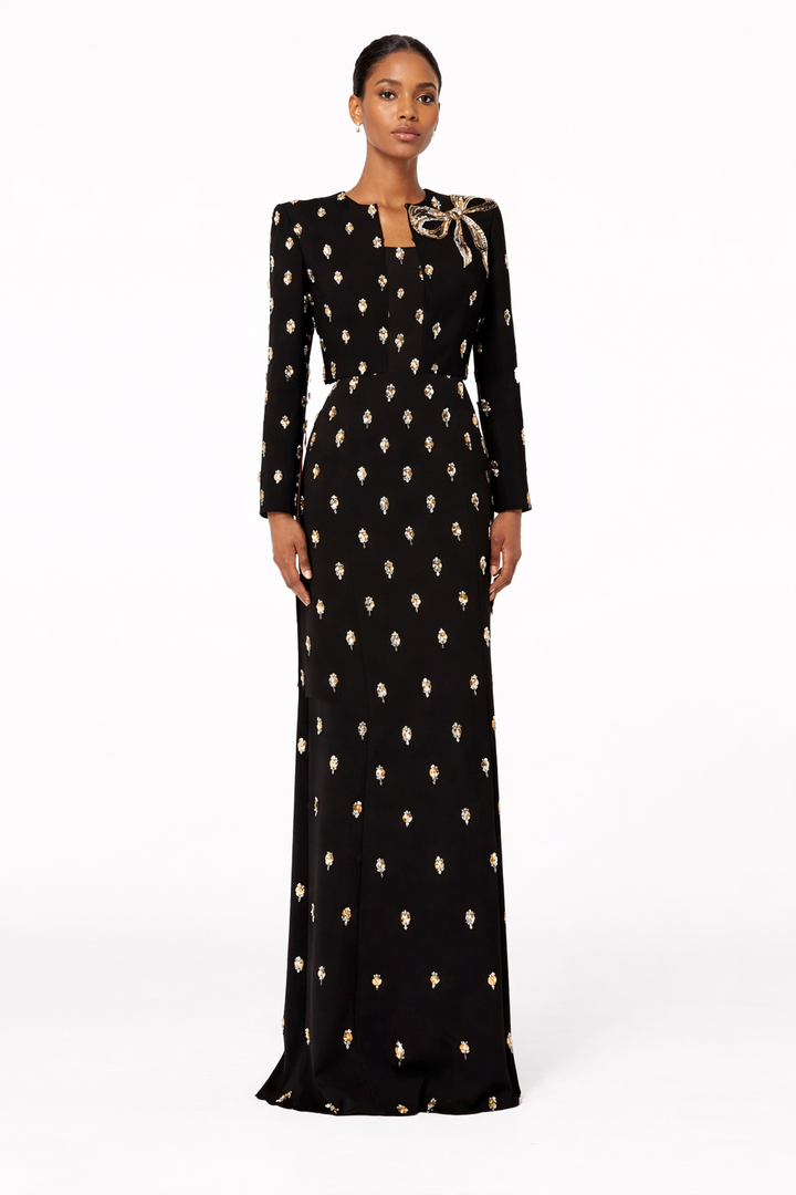 long-sleeve column gown with gold motif embellishments – SERAPHINE