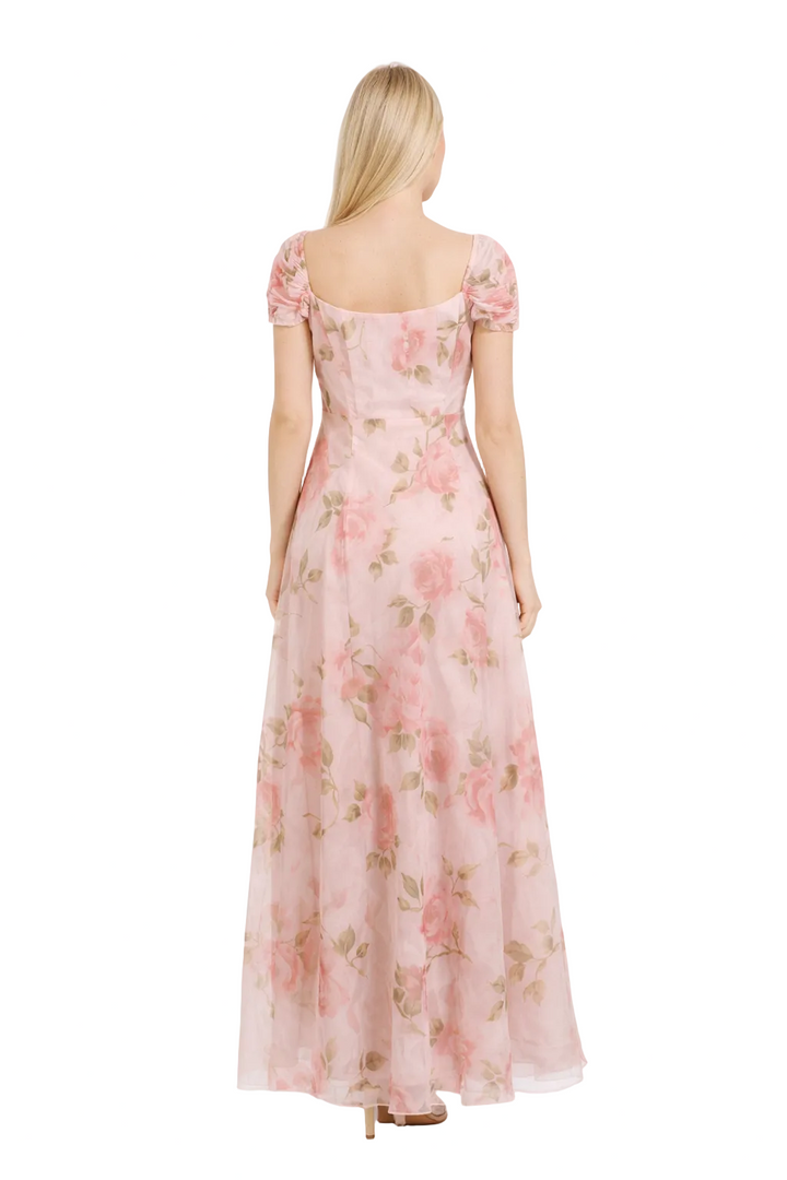 off-shoulder floral midi dress with rosette detail – ROSABELLE