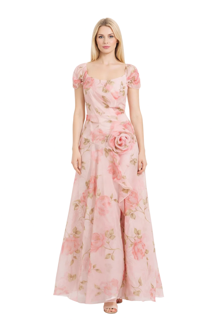 off-shoulder floral midi dress with rosette detail – ROSABELLE