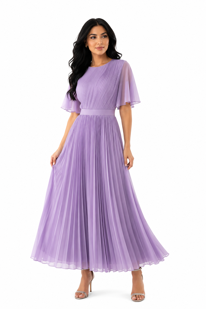 Pleated chiffon maxi dress with flutter sleeves – LILAC