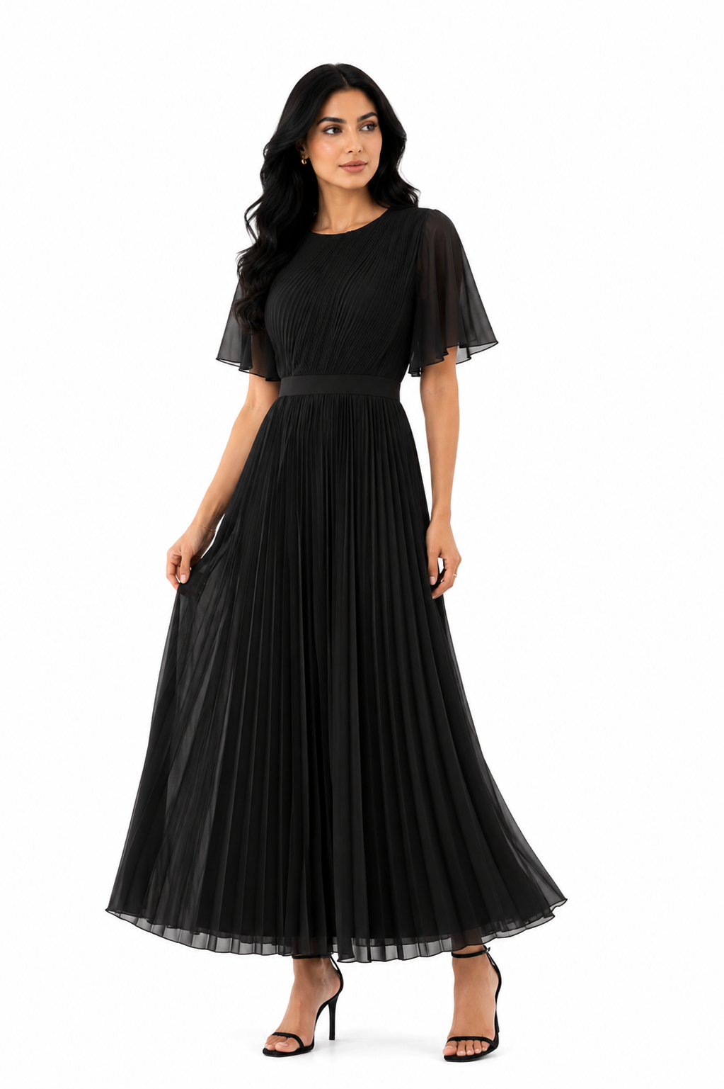 Pleated chiffon maxi dress with flutter sleeves – LILAC