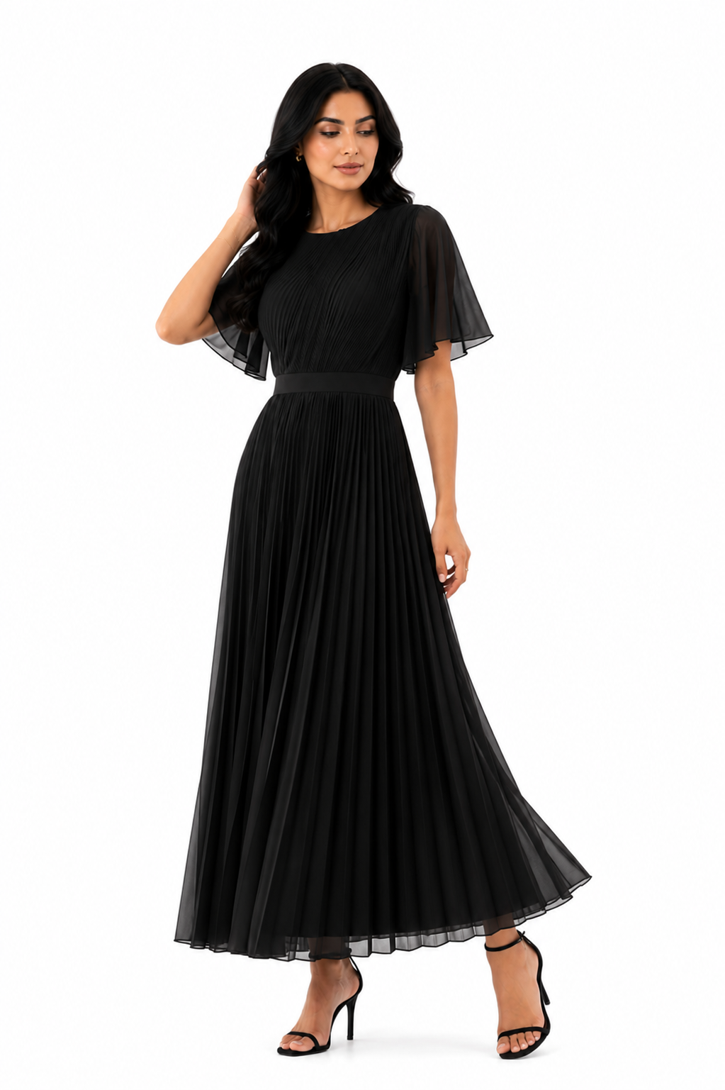 Pleated chiffon maxi dress with flutter sleeves – LILAC