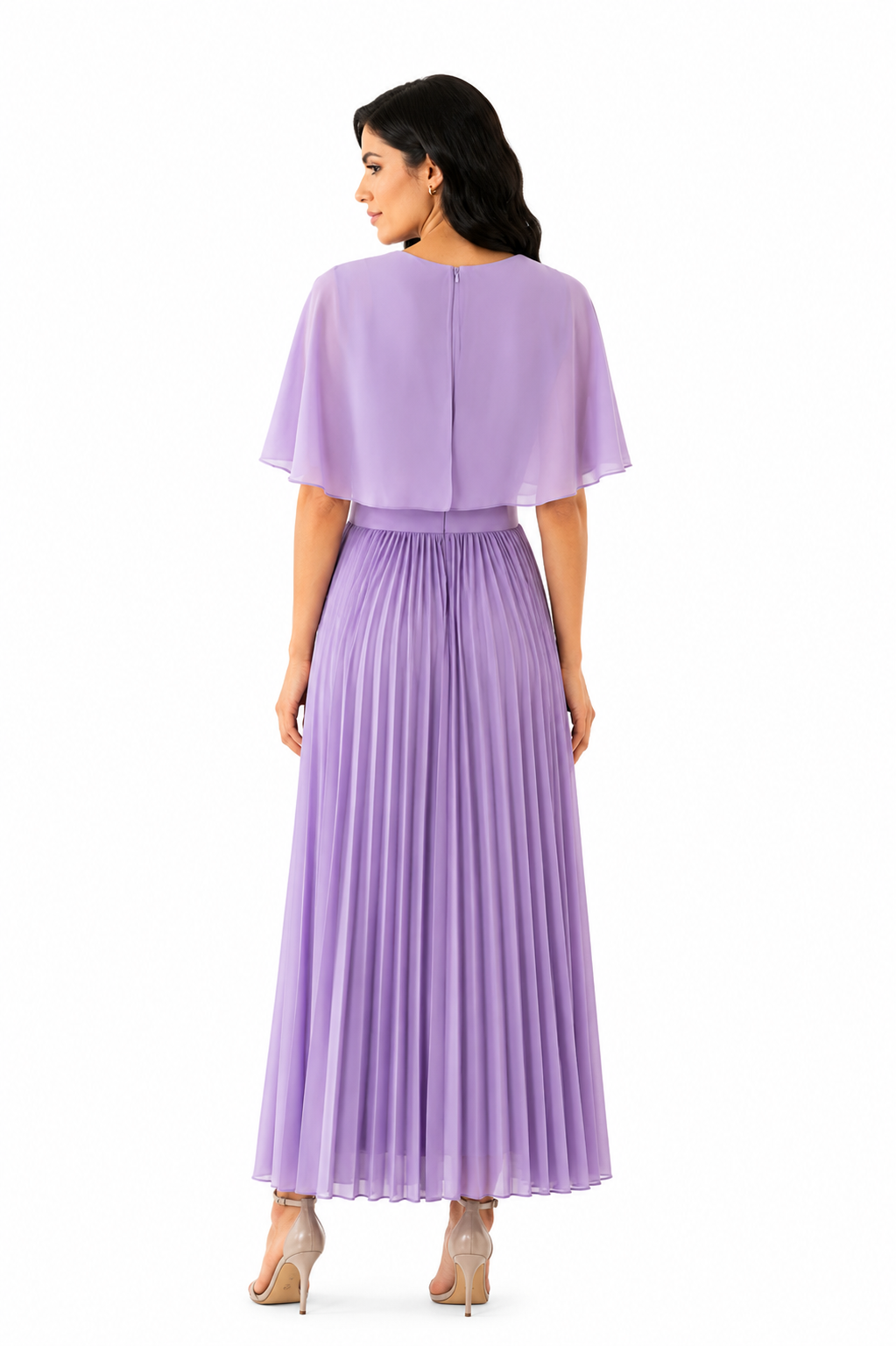 Pleated chiffon maxi dress with flutter sleeves – LILAC