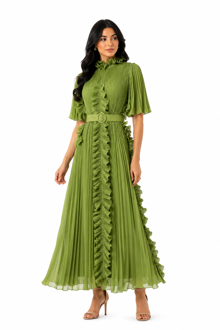 Pleated ruffle-trim maxi dress with belt – VERDENA