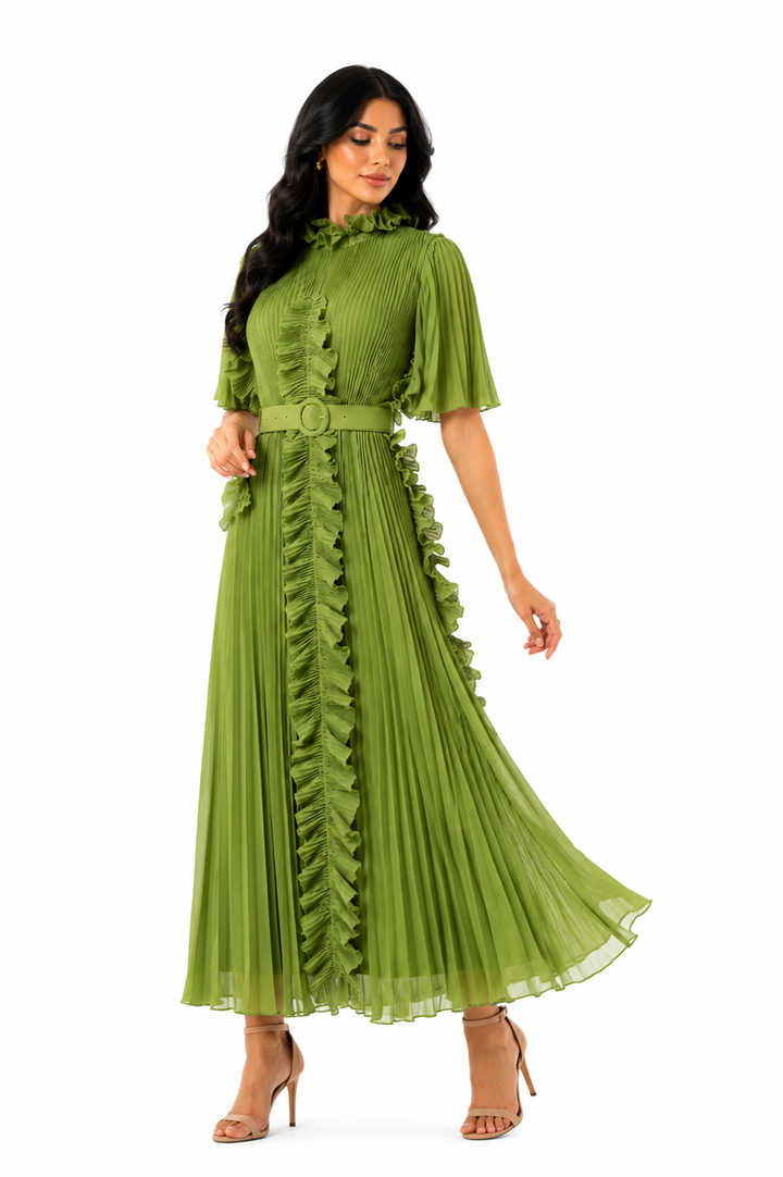 Pleated ruffle-trim maxi dress with belt – VERDENA