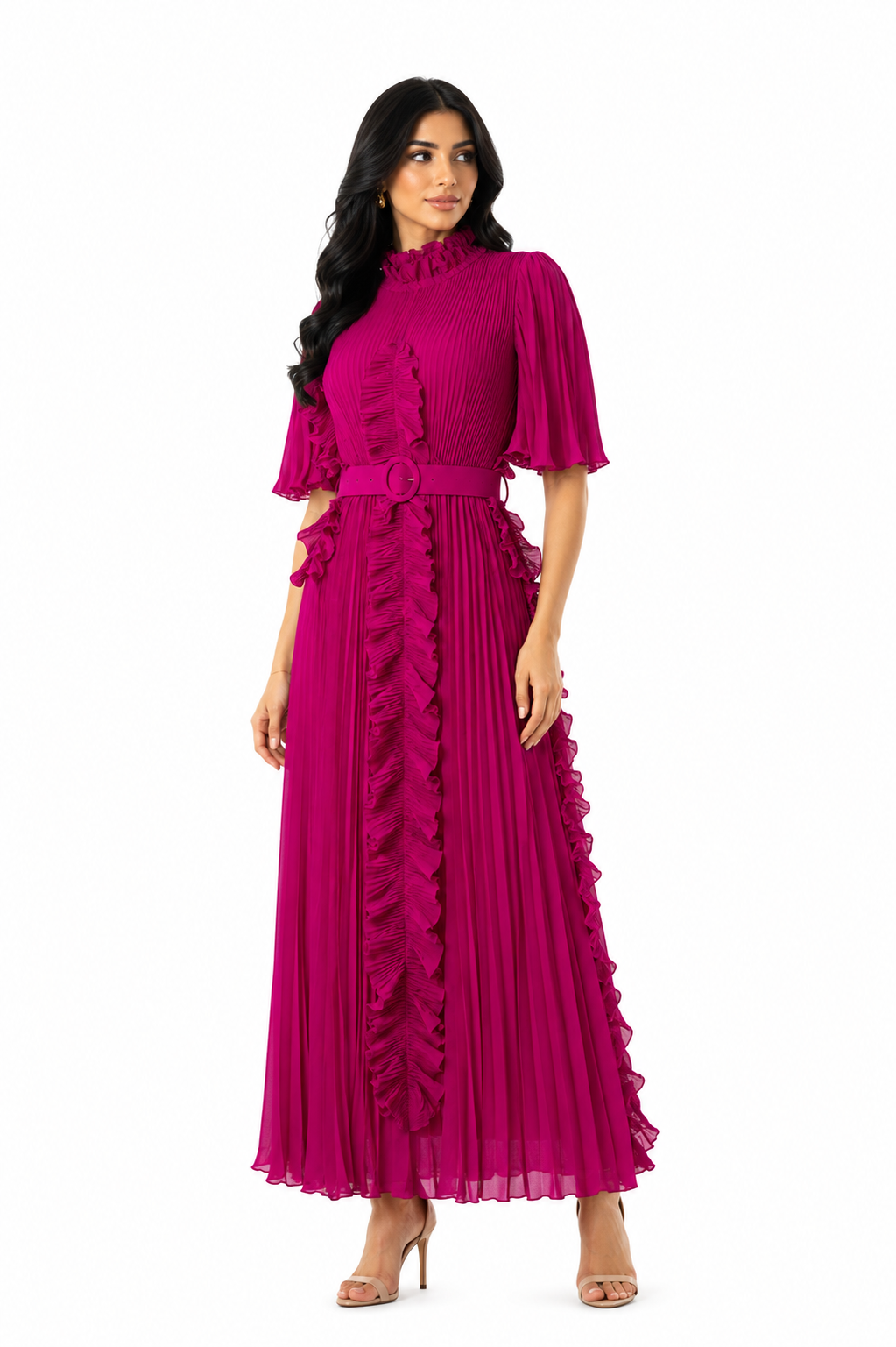 Pleated ruffle-trim maxi dress with belt – VERDENA