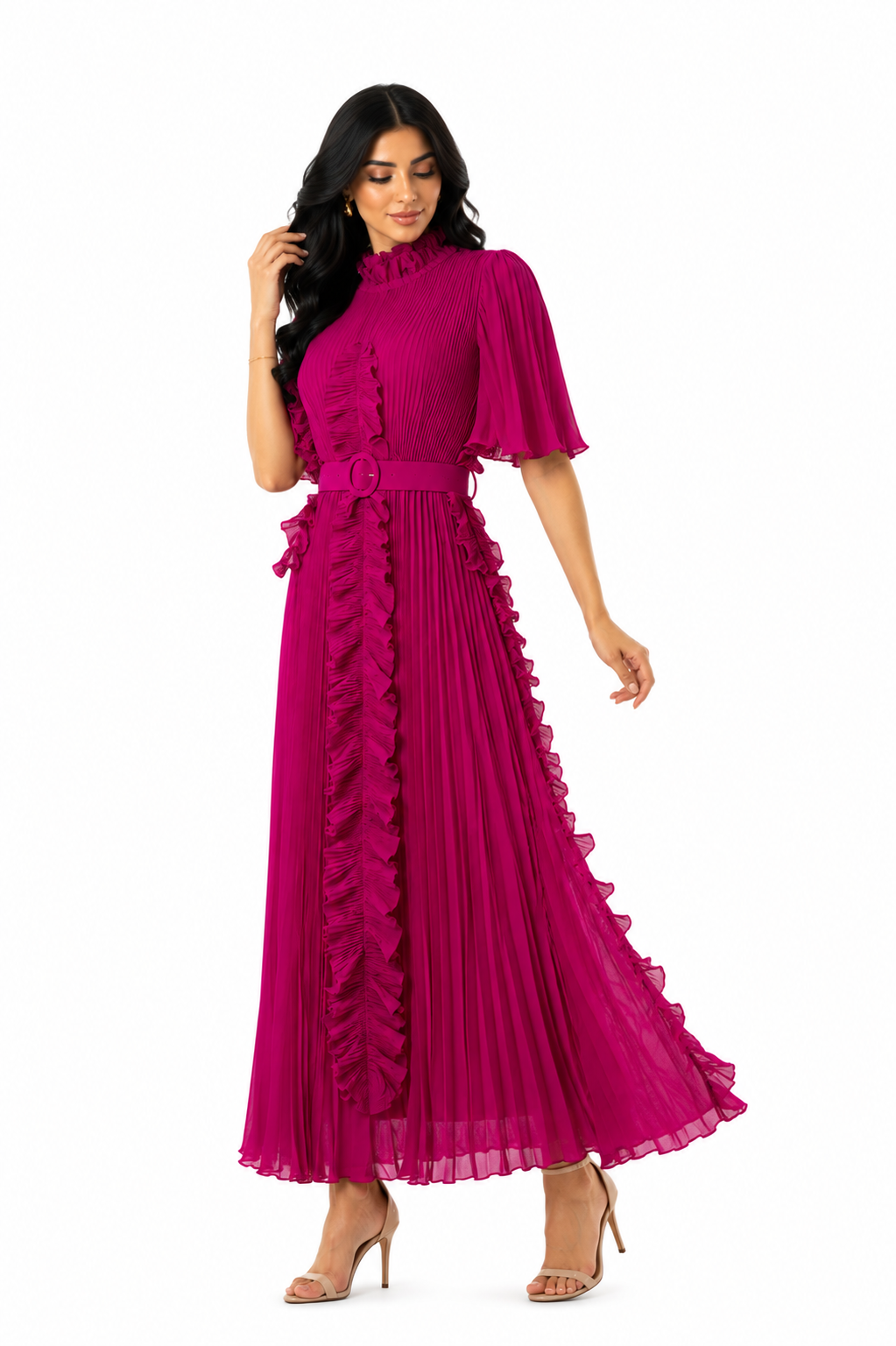 Pleated ruffle-trim maxi dress with belt – VERDENA