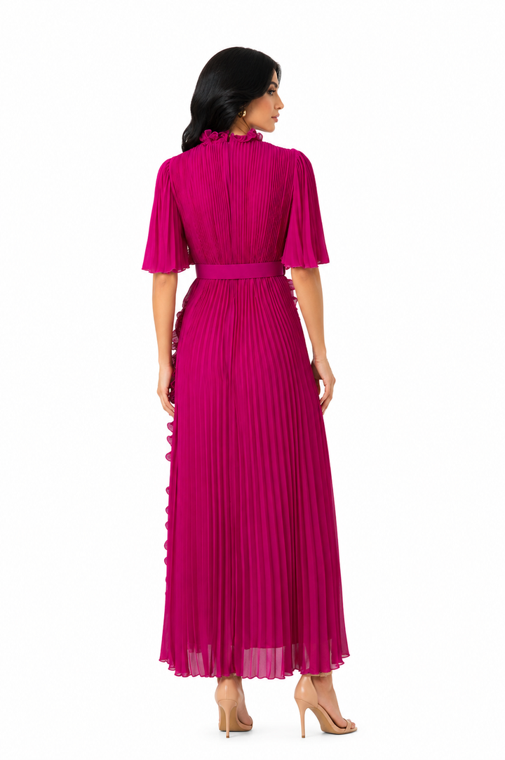 Pleated ruffle-trim maxi dress with belt – VERDENA