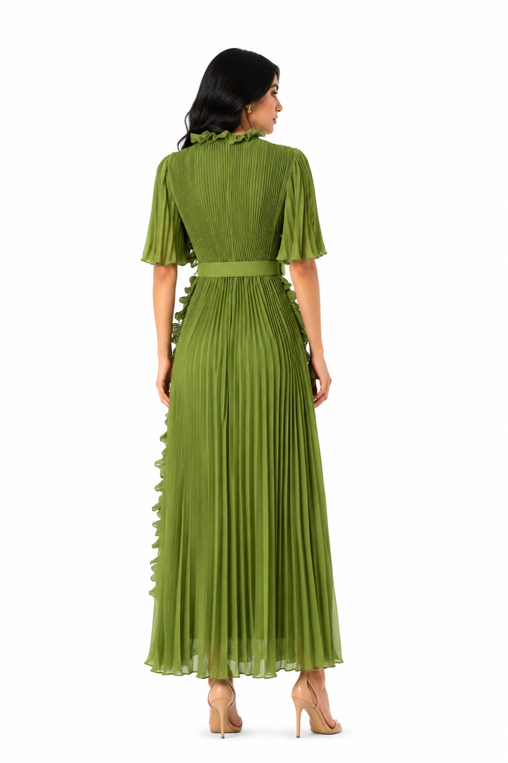 Pleated ruffle-trim maxi dress with belt – VERDENA