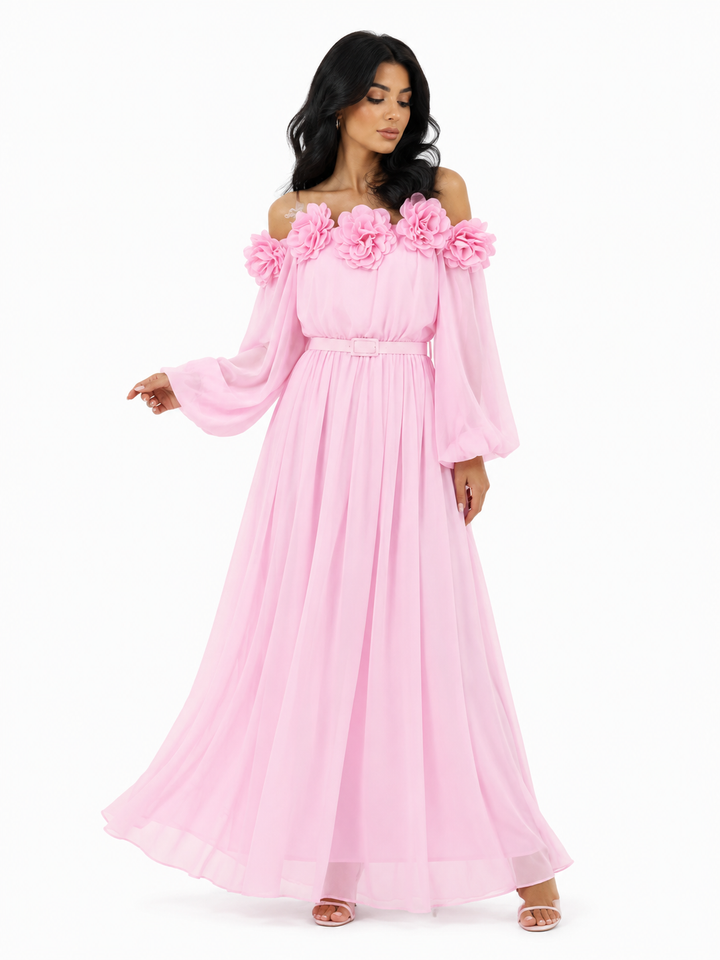 off-shoulder chiffon maxi dress with floral appliqué – SERENA