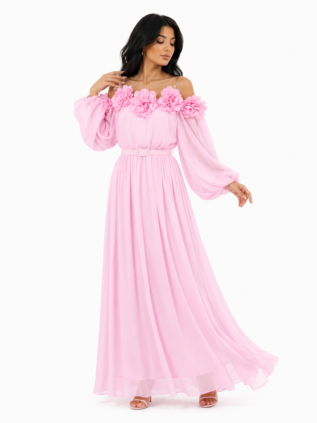 off-shoulder chiffon maxi dress with floral appliqué – SERENA