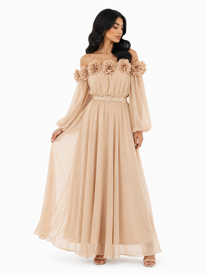 off-shoulder chiffon maxi dress with floral appliqué – SERENA