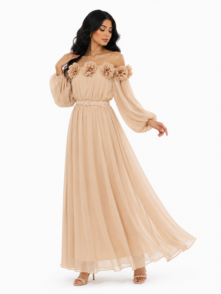 off-shoulder chiffon maxi dress with floral appliqué – SERENA