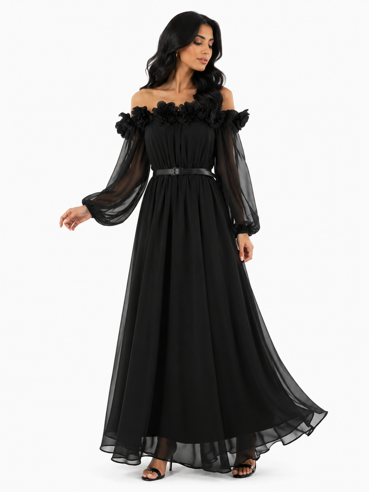off-shoulder chiffon maxi dress with floral appliqué – SERENA