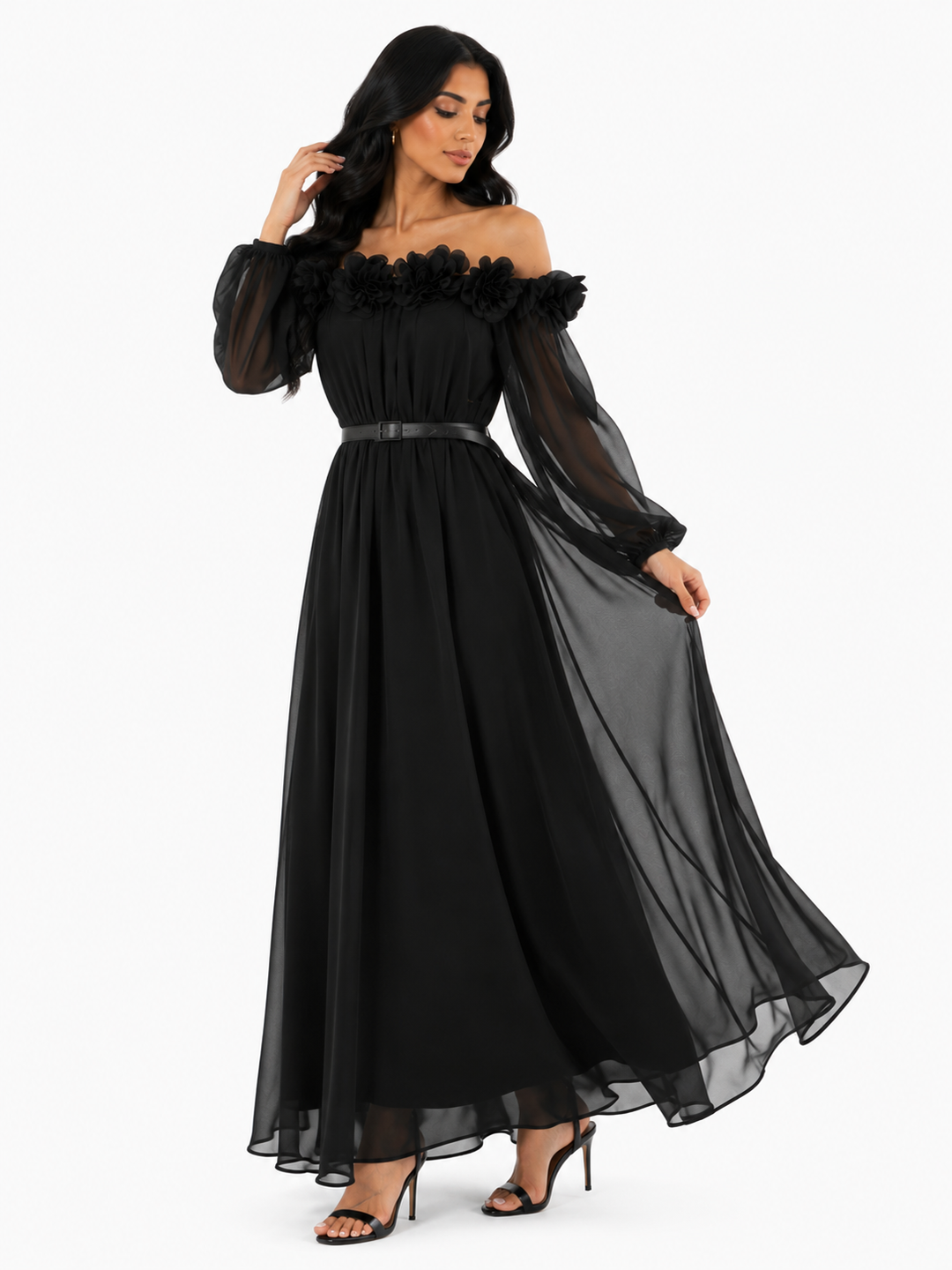 off-shoulder chiffon maxi dress with floral appliqué – SERENA