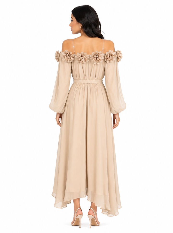 off-shoulder chiffon maxi dress with floral appliqué – SERENA
