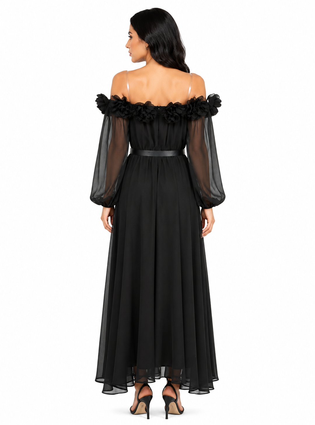 off-shoulder chiffon maxi dress with floral appliqué – SERENA