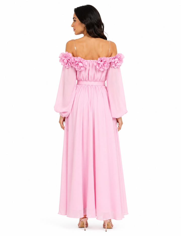off-shoulder chiffon maxi dress with floral appliqué – SERENA