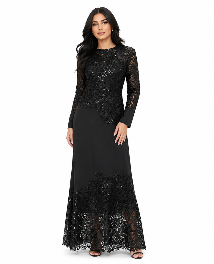 lace-panel long-sleeve evening maxi dress – ALLURE