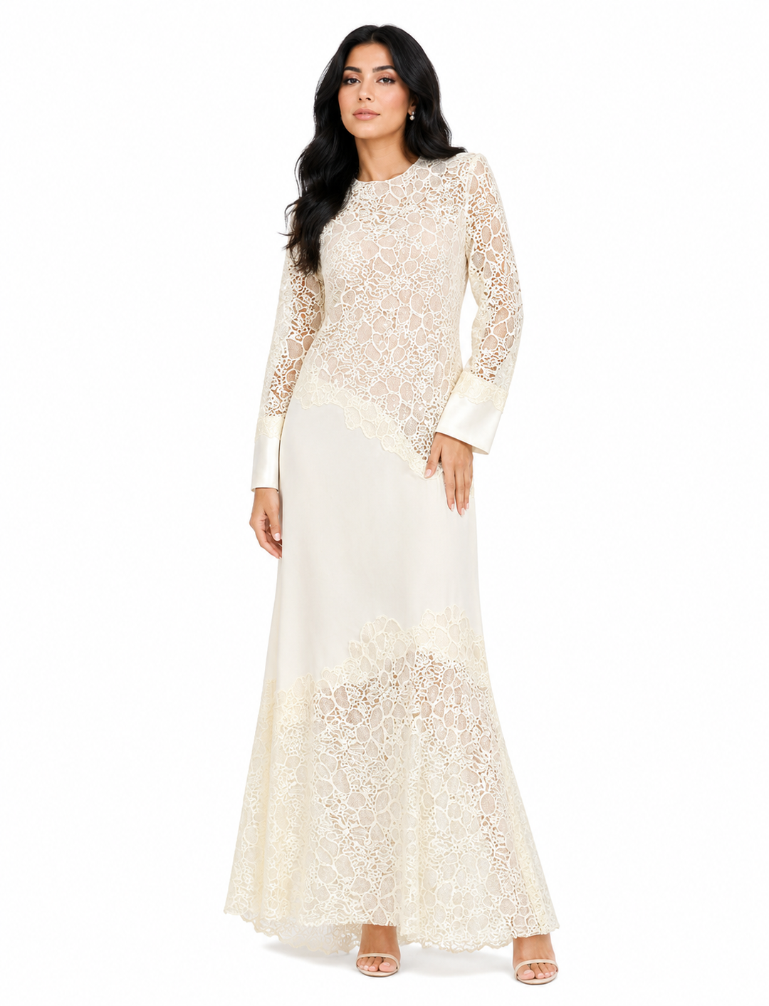 lace-panel long-sleeve evening maxi dress – ALLURE