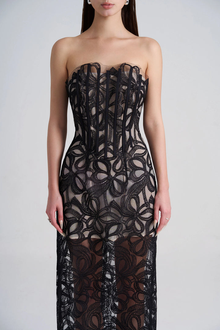 strapless lace midi dress with sheer corset bodice – AURFA