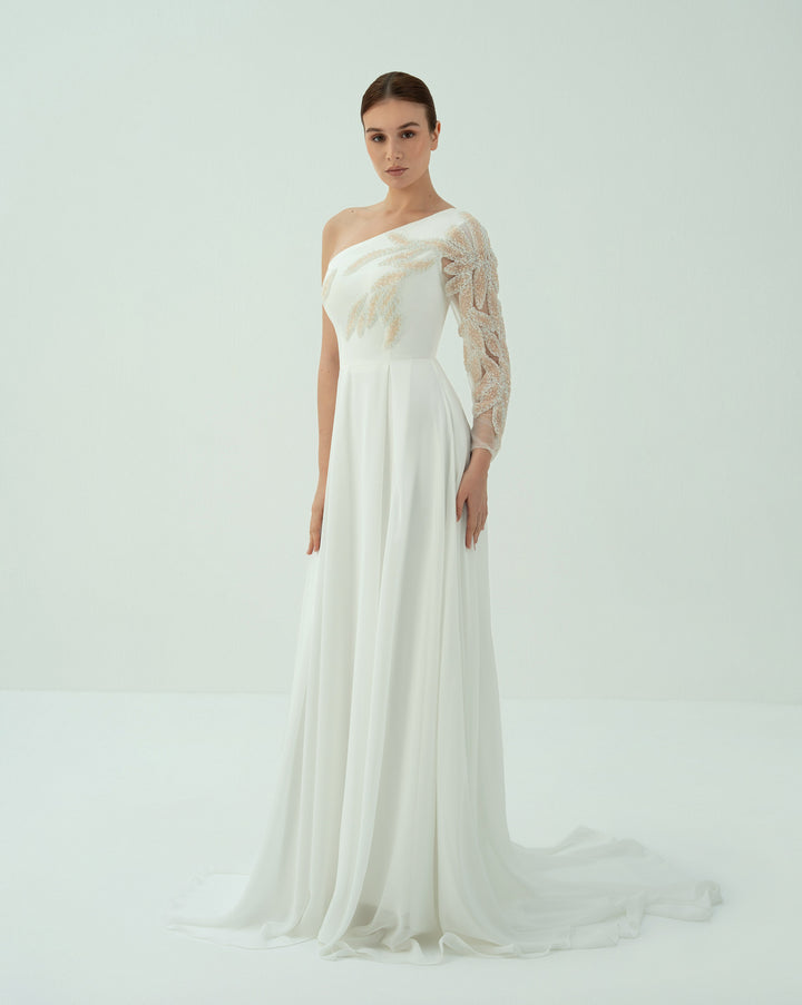 shoulder off wedding dress with beaded sleeve