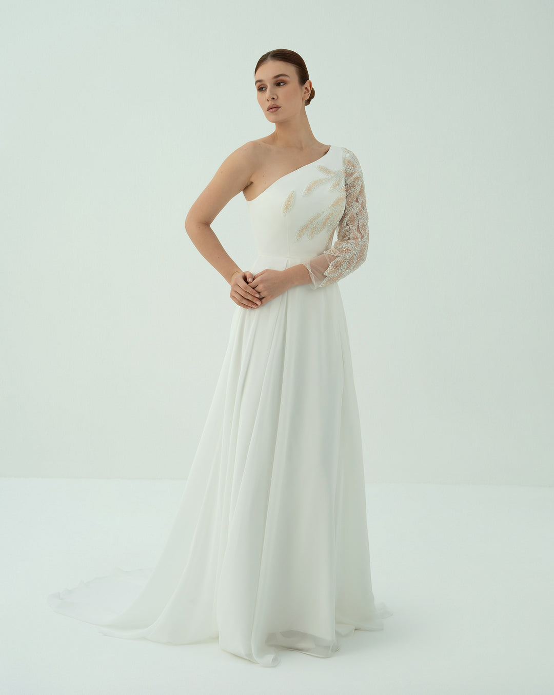 shoulder off wedding dress with beaded sleeve