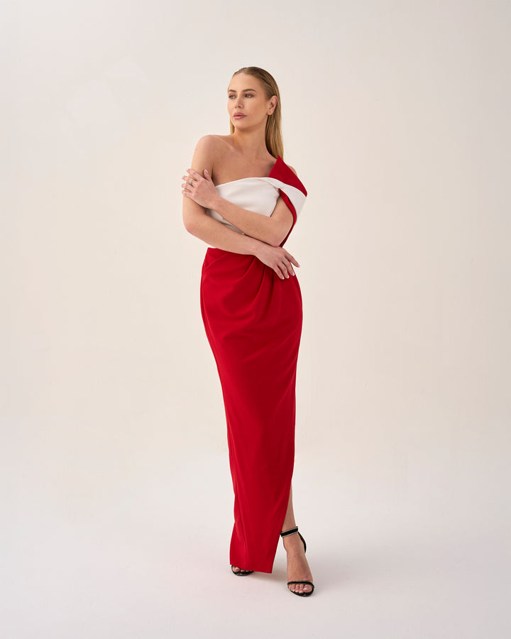 Geometrical neckline dress with draped skirt - CELESTE