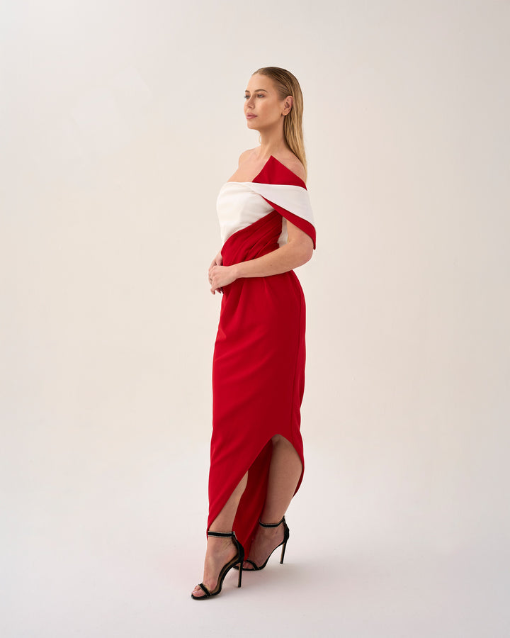 Geometrical neckline dress with draped skirt - CELESTE