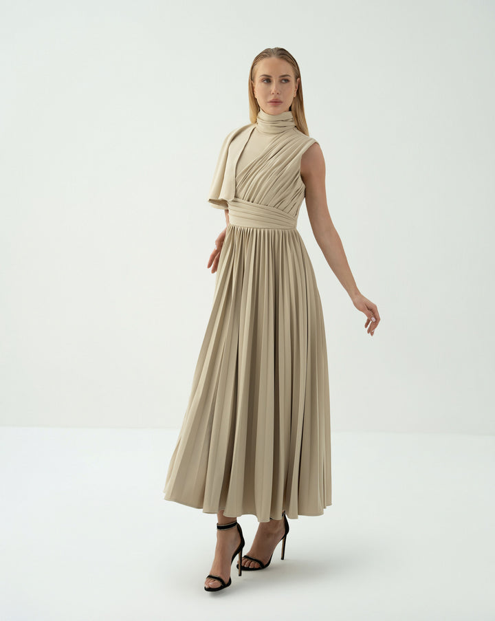 Asymmetric Pleated Midi Dress with Draped Shoulder - SANDRA